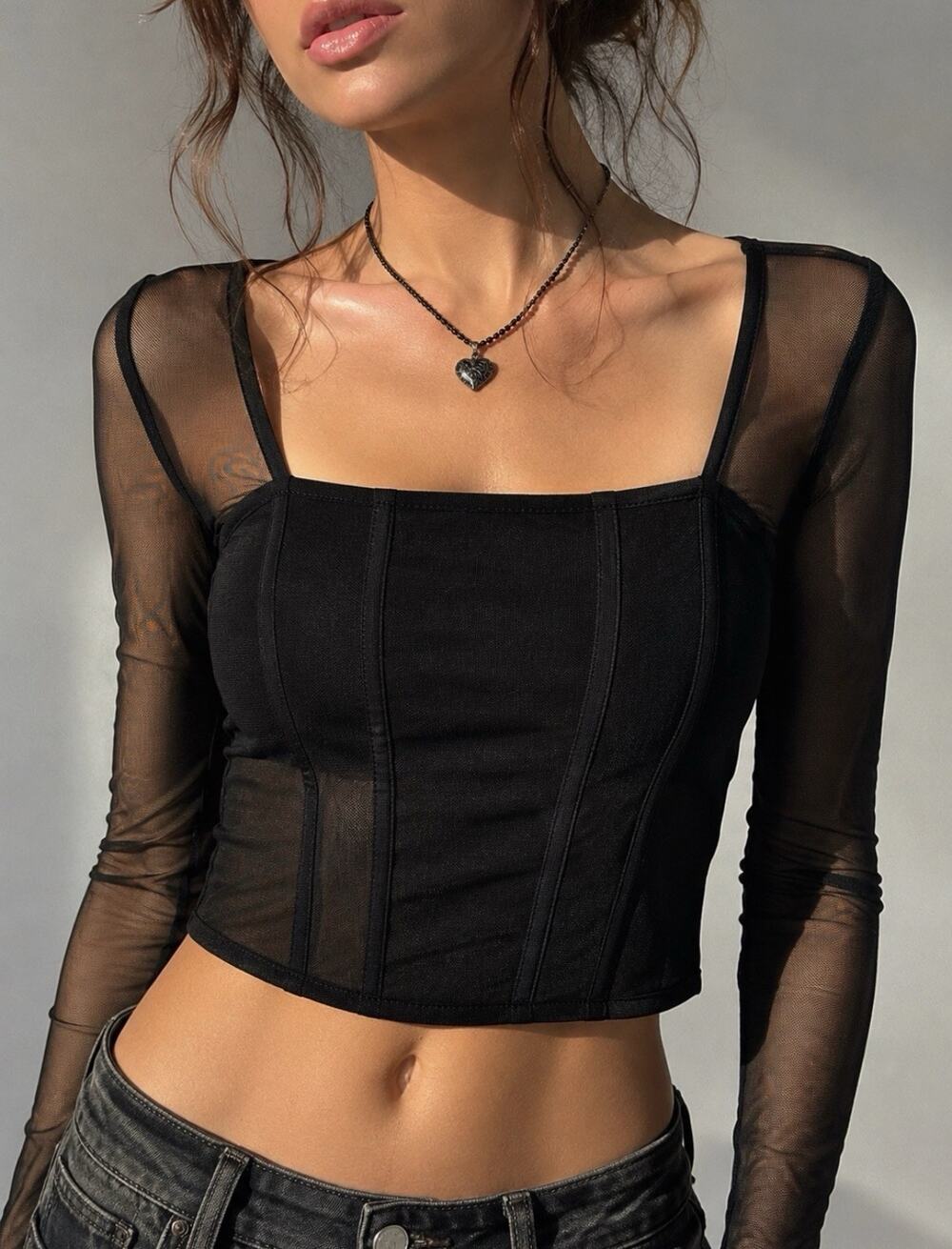 Jolie & Joy Sz M LS Mesh Corset seams cropped top Gothic Whimsygoth Versatile
